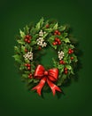 Round Christmas wreath made of fir branches with red holly berries, leaves and bow isolated on green background Royalty Free Stock Photo