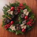 Round Christmas wreath with red baubles and berries Royalty Free Stock Photo