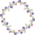 Round circle frame with spring flowers hand drawn for design Royalty Free Stock Photo