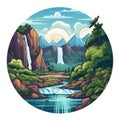 Round Circle Landscape Illustration With Waterfall In Slovenian Painting Style