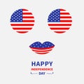 Round circle shape american flag icon set. Face with eyes and lips. Star and strip.