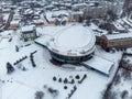 Round circus building dome roof covered in snow