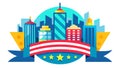 Round city logo with American flag. The buildings are colorful and stand out against the blue sky. A ribbon for text runs along Royalty Free Stock Photo