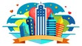 Round city logo with American flag. The buildings are colorful and stand out against the blue sky. A ribbon for text runs along Royalty Free Stock Photo