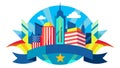 Round city logo with American flag. The buildings are colorful and stand out against the blue sky. A ribbon for text runs along Royalty Free Stock Photo