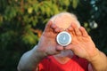 Round classic compass in hand of man Royalty Free Stock Photo