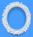 Round classic frame with white roses wreath on blue
