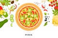 Round classic pizza with arugula, tomatoes, cucumbers, mushrooms and olives. Vector flat illustration.