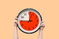 Round clock with a dial shows three-quarters of an hour. The time timer is fifteen minutes. Watch in the hands of a woman. The Royalty Free Stock Photo