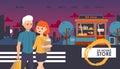 Round-the-clock shop website, vector illustration. Happy couple shopping, buying groceries in the evening, outdoor city