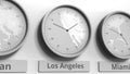 Round clock showing Los Angeles, USA time within world time zones. Conceptual 3D rendering Royalty Free Stock Photo