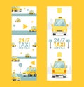 Round-the-clock taxi service banner, vector illustration. Fast and reliable cab company advertisement. Yellow car in Royalty Free Stock Photo