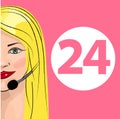 Round-the-clock telephone support. Woman dispatcher. Vector illustration