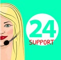 Round-the-clock telephone support. Woman dispatcher. Vector illustration