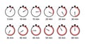 Round clocks chronometer deadline. Stopwatch icon. Timers with different minutes. Countdown timer set
