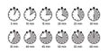 Round clocks with different minutes. Timer, stopwatches icons in circle shape. Chronometer deadline symbols