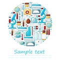 Round collection of vector illustrations, text. Laboratory doctor tools. Analysis tools, virus search. Doctor's case