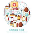 Round collection of vector illustrations, text. Set of doctor's tools. Ambulance doctor tools, medical case