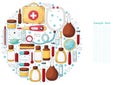 Round collection of vector illustrations, text. Set of doctor's tools in hand draw style. Ambulance doctor tools