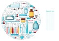 Round collection of vector illustrations, text. Set of elements. Teeth cleaning, dental instruments Royalty Free Stock Photo