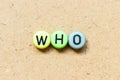 Round bead with black letter in word who on wood background