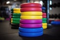 round colored weights piled in the crossfit studio