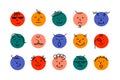 Round comic faces. Abstract smile characters, cartoon emoji avatars, doodle comic emoticon elements. Funny vector set