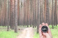 Round compass in hand on pine forest background