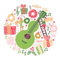 Round composition of acoustic guitar with Christmas decor and snowflakes. Misic festival vector background concept in