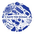 Round composition. Concept save the ocean. Hand drawn vector sketch illustration