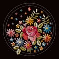 Round composition with embroidery flowers and leaves. Floral design for fashion.