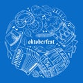 Round composition with oktoberfest objects. Food, beer mug and barrel, music instruments. Hand drawn outline vector sketch