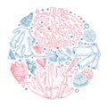 Round composition with outline corals and seashells. Hand drawn vector sketch illustration Royalty Free Stock Photo