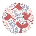 Round composition with red cardinal birds and floral elements. Isolate on a white background. Vector graphics