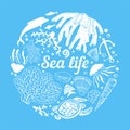 Round composition with sea animals and corals. Hand drawn vector illustration Royalty Free Stock Photo