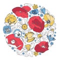 Round composition with wild flowers. Poppies, tulips, narcissuses, pansies. Hand drawn vector sketch illustration
