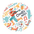 Round concept with misician cowboy and country misic elements. Guitar with written lettering for postcards or festival banners.