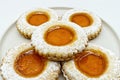 Round cookies with fruit jam and icing sugar, italian occhi di bue, on white