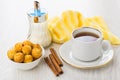 Round cookies, sugar, napkin, cup of tea on saucer, cinnamon Royalty Free Stock Photo