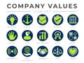 Round Core Values Business Company Icon Set. Innovation, Stability, Security, Reliability, Legal, Sensitivity, Trust, High Royalty Free Stock Photo