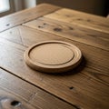 Coaster on a rustic wooden table. The coaster has a circular indentation, Royalty Free Stock Photo