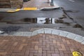 Round cornered brick and stone sidewalk alongside asphalt street with puddles and wet with rain Royalty Free Stock Photo