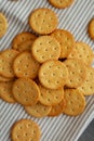 Round Crispy Crackers with Sea Salt on a gray background, top view