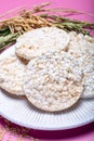Round crispy rice crackers, dietary concept and healthy vegetarian food