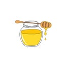 Round crystal jar with golden honey wooden dipper with dripping nectar. Hand drawn doodle vector illustration in kids cartoon