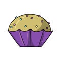 Round cupcake with multicolored round sugar crumbs in a lilac cup, vector illustration in cartoon