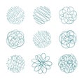 Round curl tangled line set sketch. Synthetic insulation fluff. Pen drawing. Hand drawn vector. Abstract blue outline.