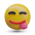 Round cute yellow emoji smiling. Yummy face with tongue lick mouth
