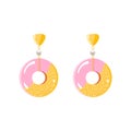 Round dangle gold earrings with pearl, pink mineral gemstone isolated on white background. Golden Woman Expensive luxury