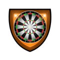 Round dartboard in center of shield isolated on white. Sport logo for any darts game or championship